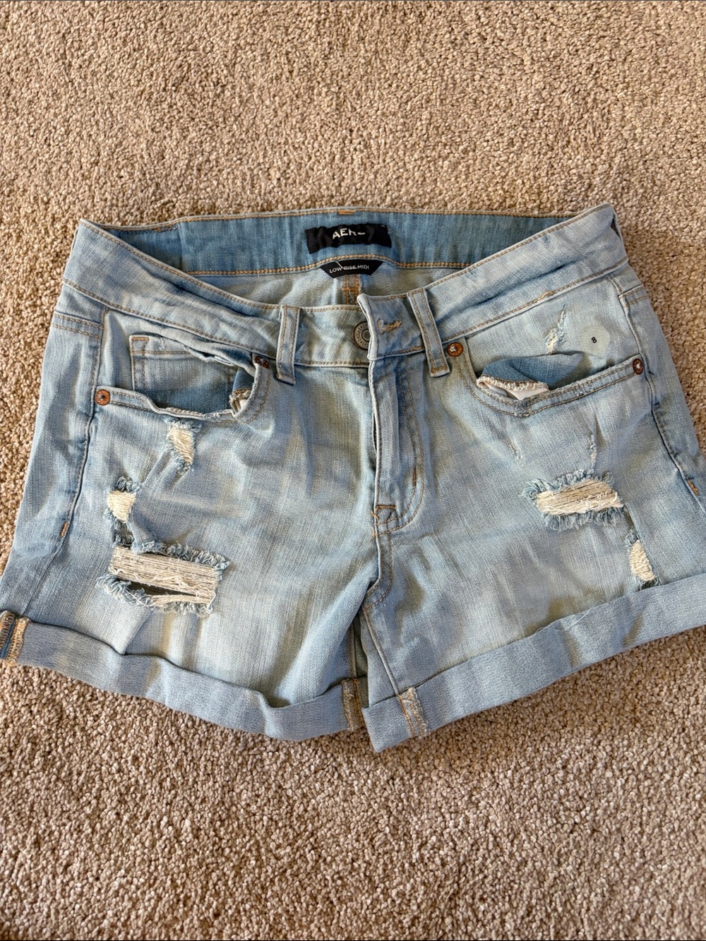 American Eagle Outfitters Light Blue Distressed Rolled-Hem Jean Shorts